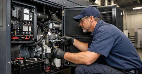 Technician inspecting generator equipment during a service visit